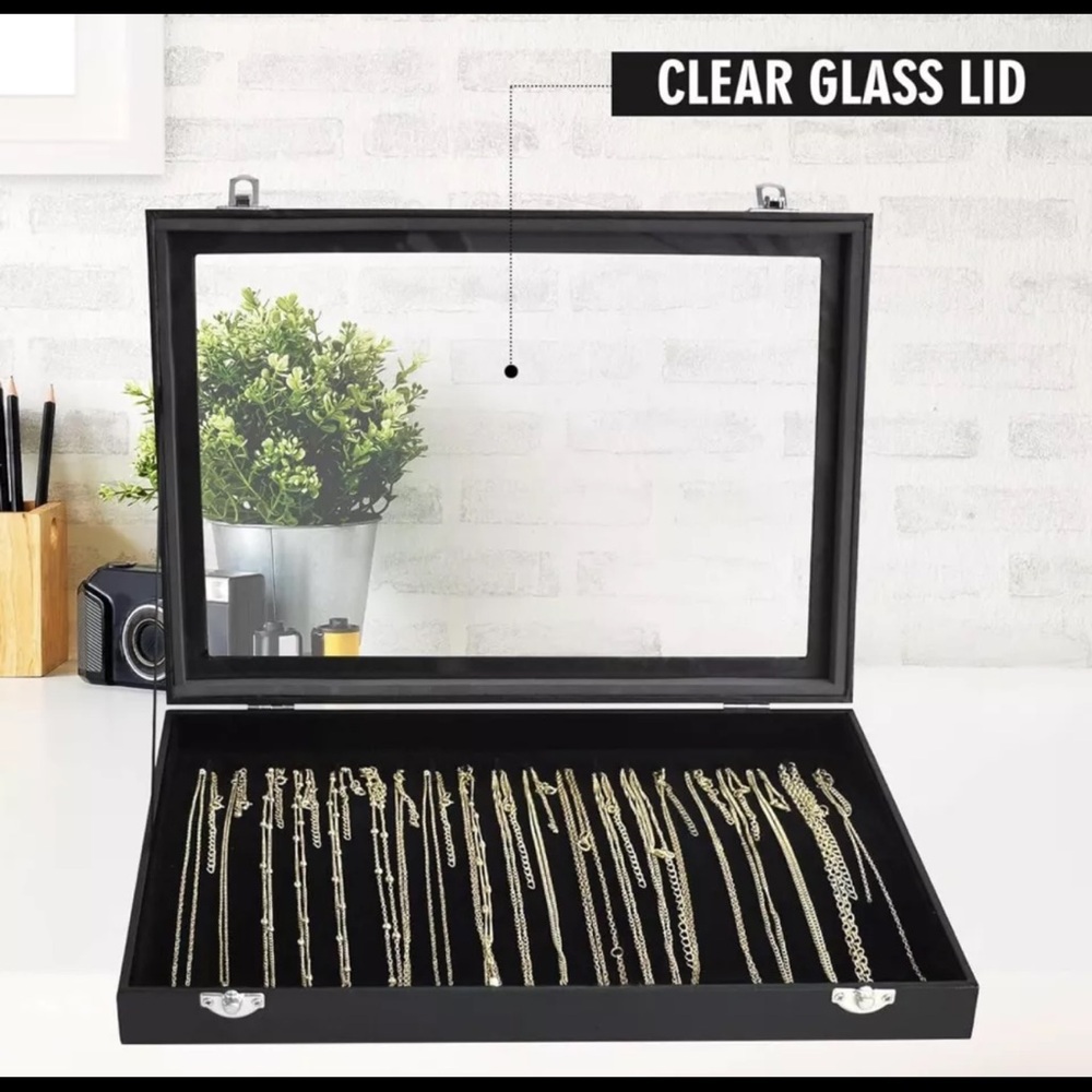 20-Hook Glass Lid Necklace Organizer Box - Black Velvet, Stackable Chain - D84